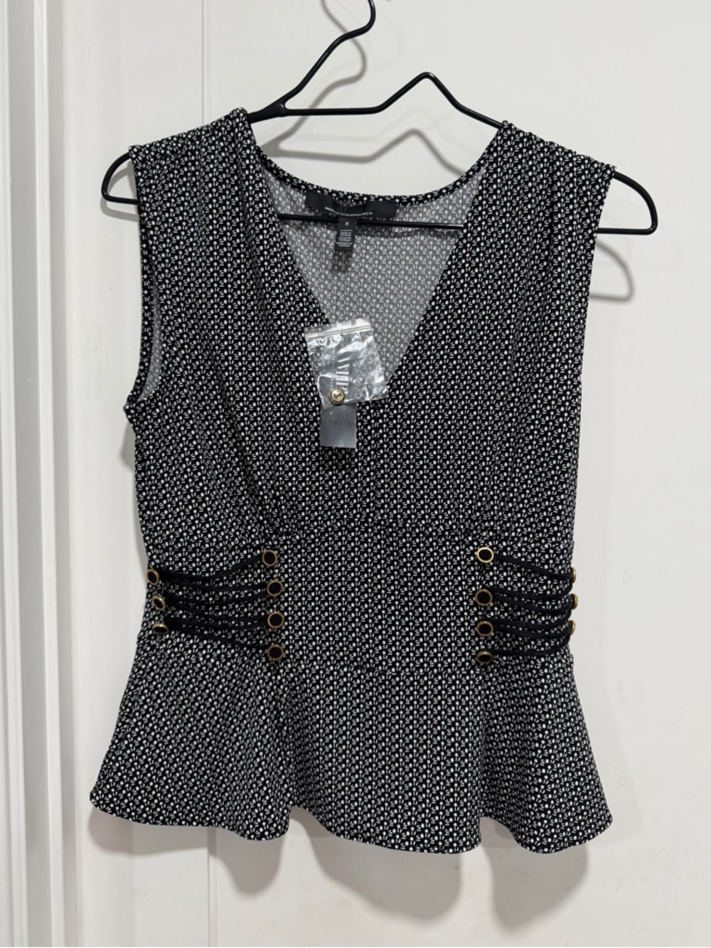 White House Black Market Black & White V-Neck Peplum Top with Gold Rings